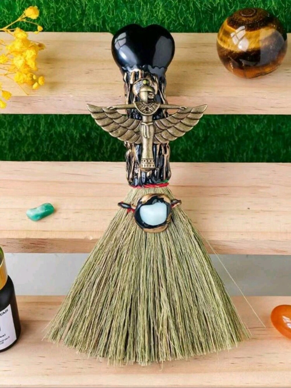 Decorative Brass Winged Obsidian Heart Broom - Black & Natural Home Accent